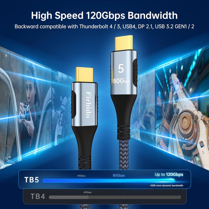 Firbido كابل Thunderbolt 5 بطول 3.3 قدم، سرعة عالية 80Gbps، عرض نطاق 120Gbps، PD 240W، 16K@60Hz، 8K@165Hz، 4K@540Hz لكابل Thunderbolt 4، آيفون 17، Razer Blade، SSD، USB4، Mac mini M4 - Image 2